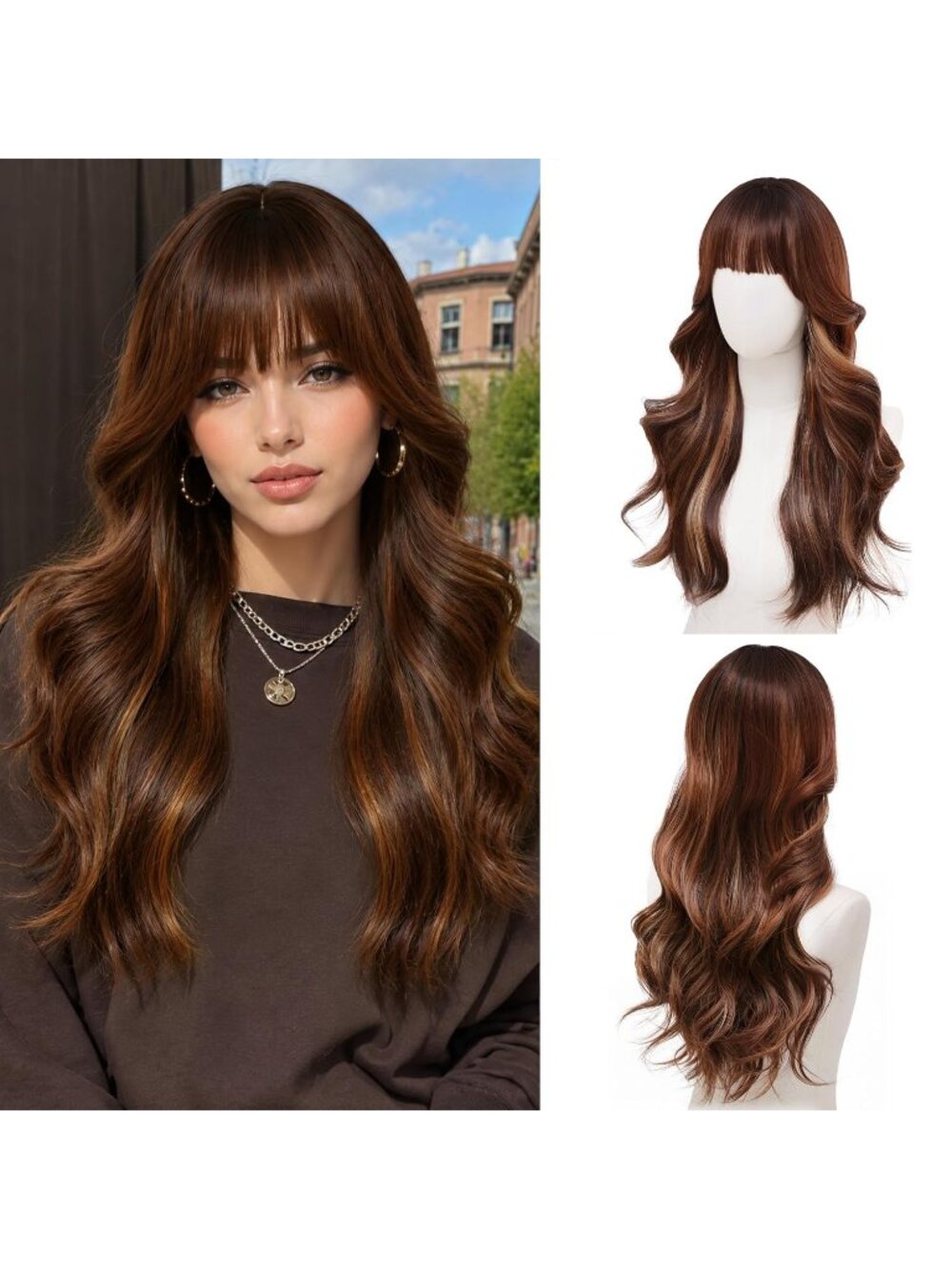 Women's Amber Highlight 24 Inch Long Wavy Heat Resistant Synthetic Hair Wig Bang